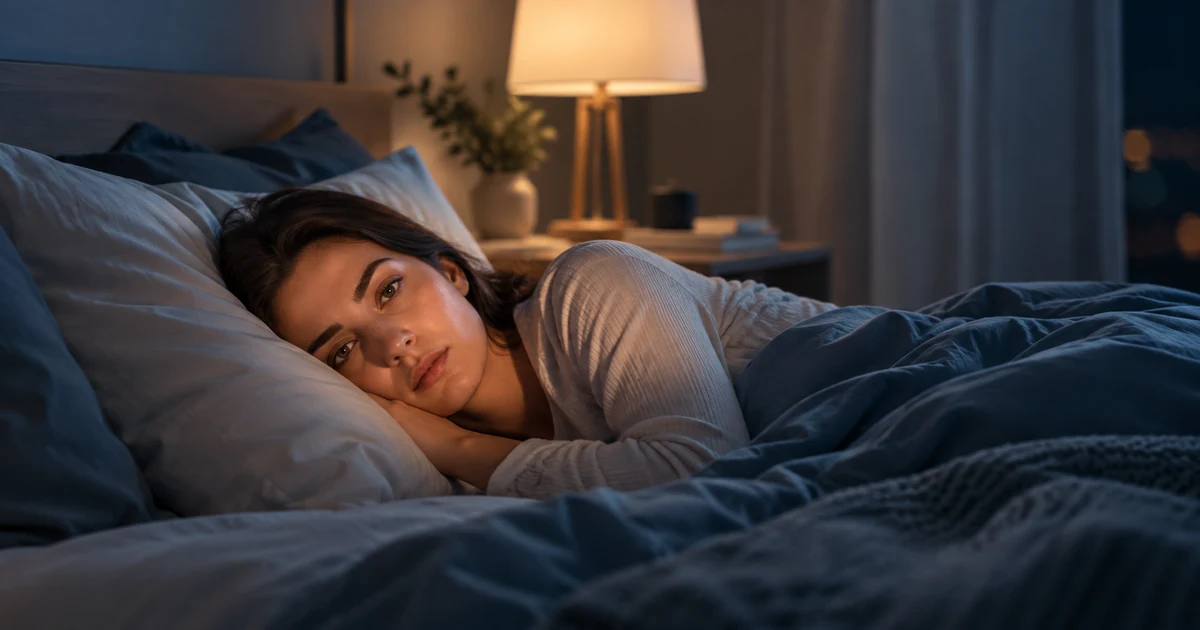 Pessoa acordada em quarto tranquilo durante noite de sono interrompido
