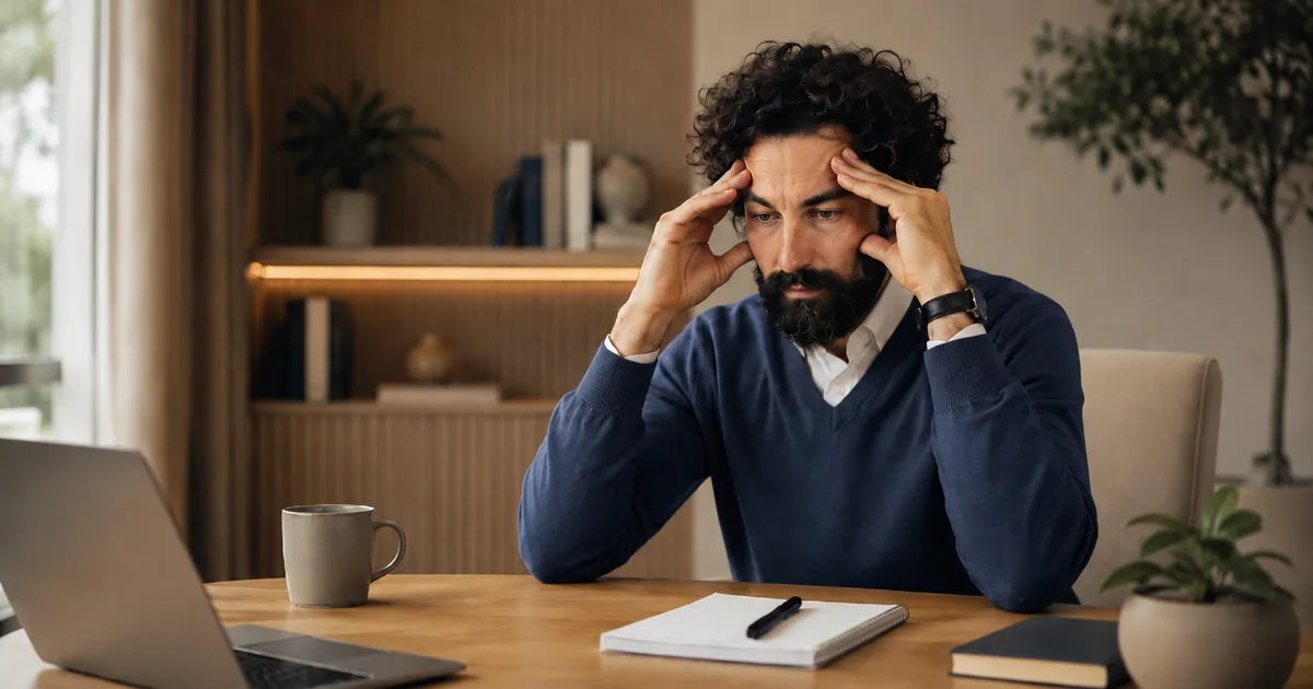 Pessoa pensativa em ambiente tranquilo representando pensamentos acelerados e sobrecarga mental