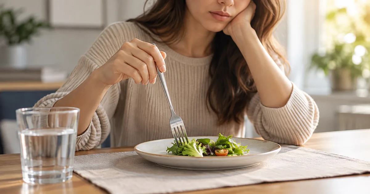 Pessoa diante de uma refeição pequena refletindo sobre sua relação com a alimentação.