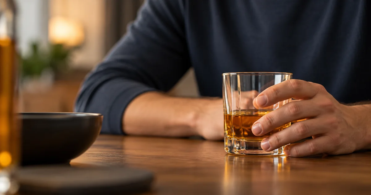 Homem segurando copo com bebida alcoólica sobre mesa de madeira